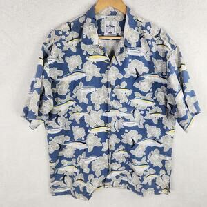 Guy Harvey Shirt Men L Bluewater Sportfishing Pattern Short Sleeve Blue Button